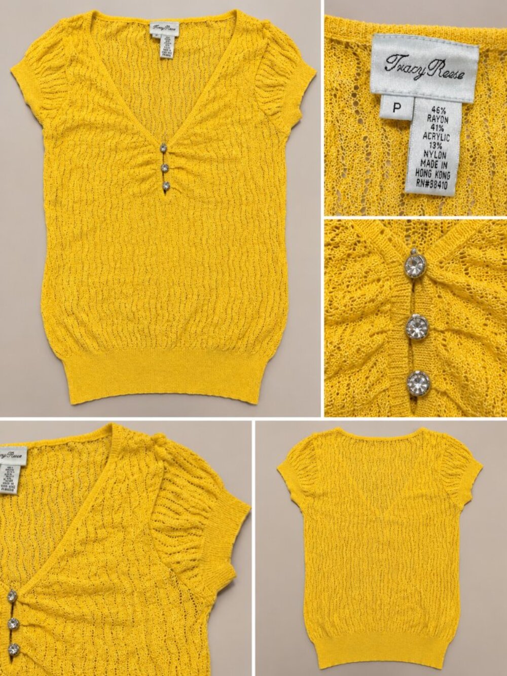 Tracy Reese Yellow Open-Knit Short Sleeve Sweater Top, Size P